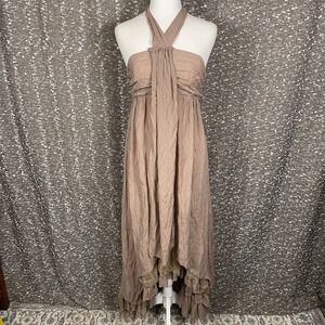 DejaVu Halter High Low Lace Trim Dress Taupe Boho Fairy Whimsigoth Women's Small